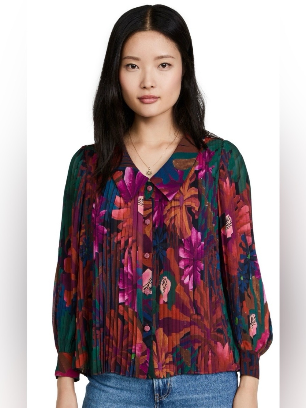 LN WOMENS SMALL (bust 38”) FARM RIO BLOUSE SHIRT TOP FLORAL PLEATED BUTTON